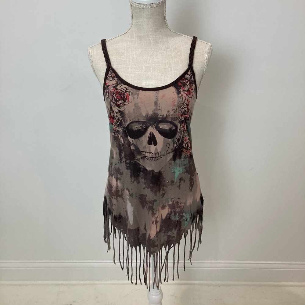 Andrew Charles skull 💀 sunglasses roses 🌹 graphic fringe tank XS ~RARE~